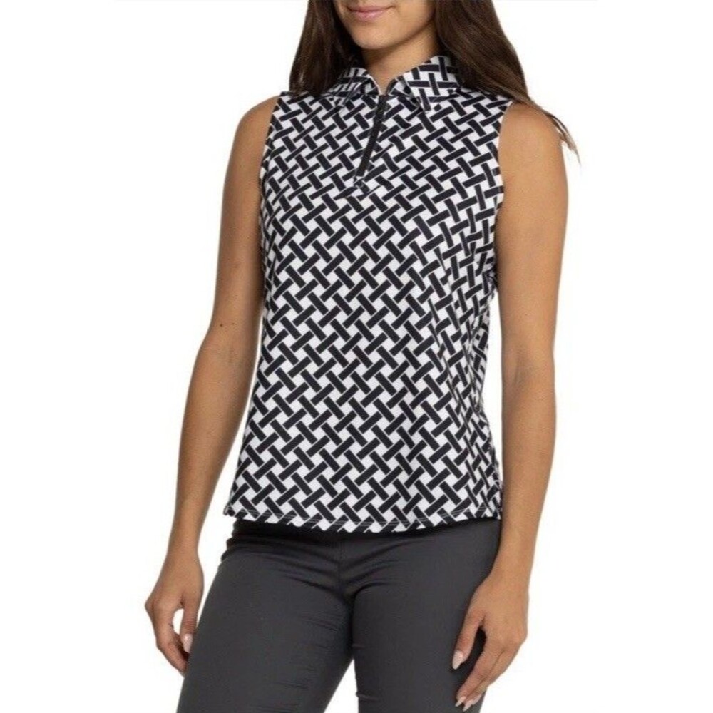 Belyn Key Keystone Womens XL Polo Shirt Black White Trellis Sleeveless Zip Golf
